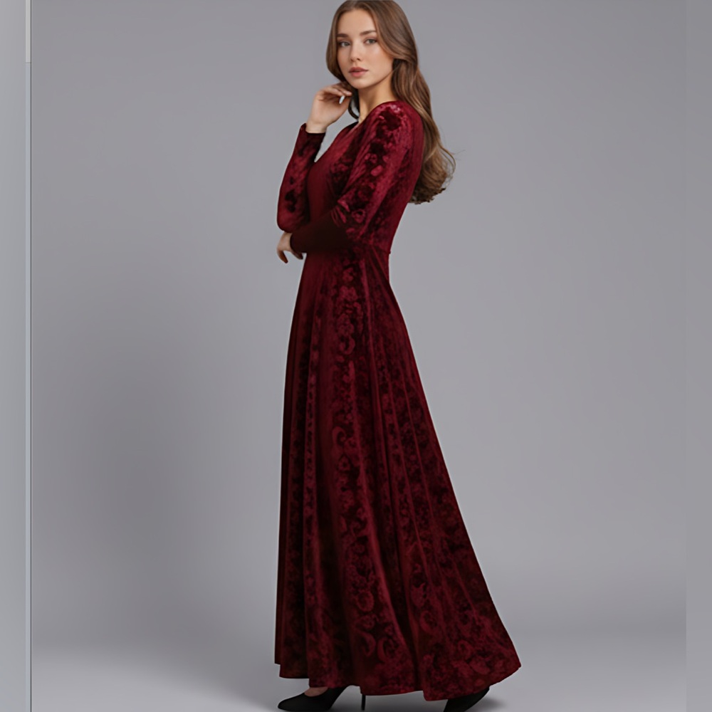 Burgundy  V-Neck Velvet Long Sleeve Dress - Picture 5 of 10